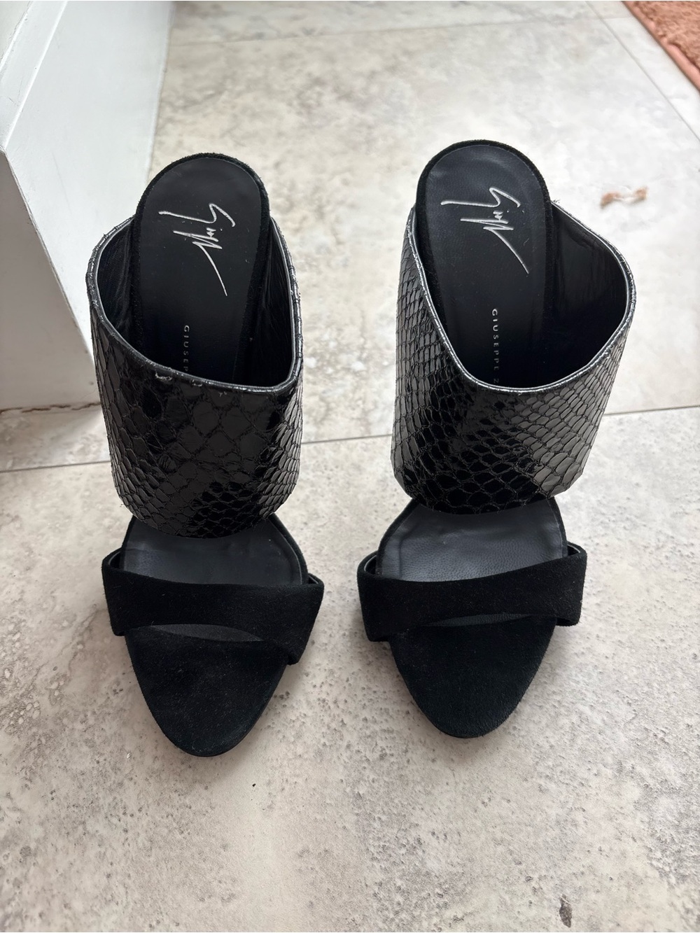 Giuseppe Zanotti Black Textured Snake-Print & Suede Slide Heels